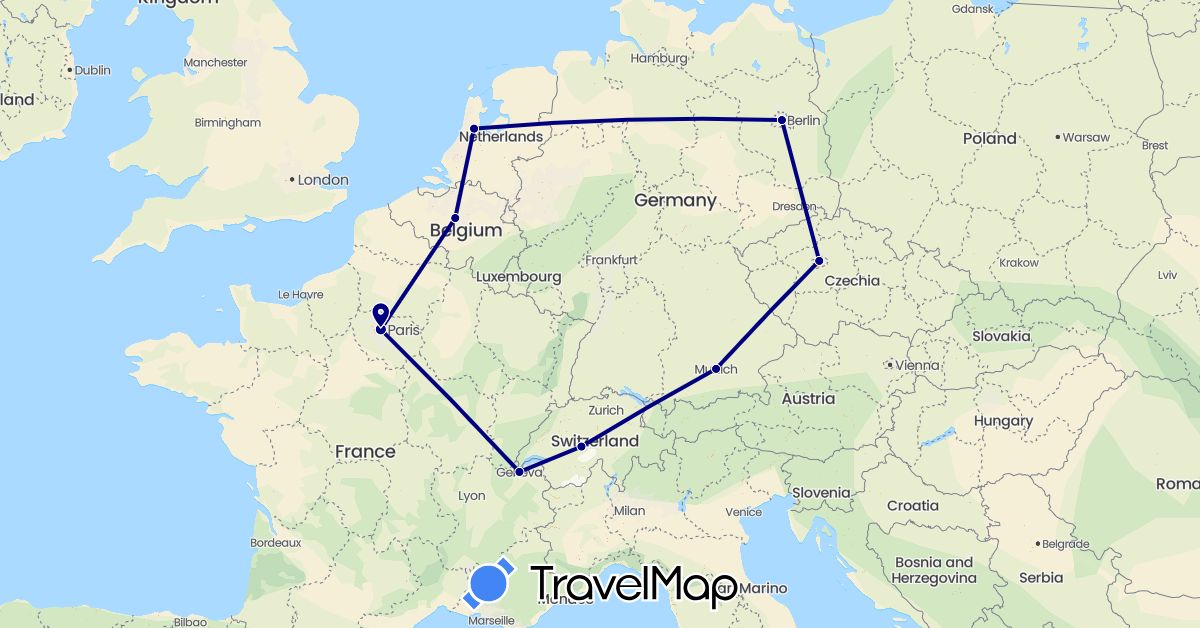 TravelMap itinerary: driving in Belgium, Switzerland, Czech Republic, Germany, France, Netherlands (Europe)