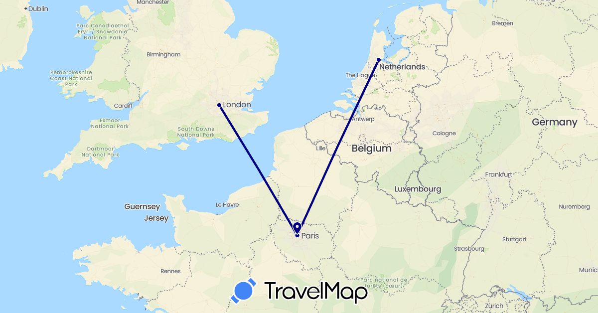 TravelMap itinerary: driving in France, United Kingdom, Netherlands (Europe)